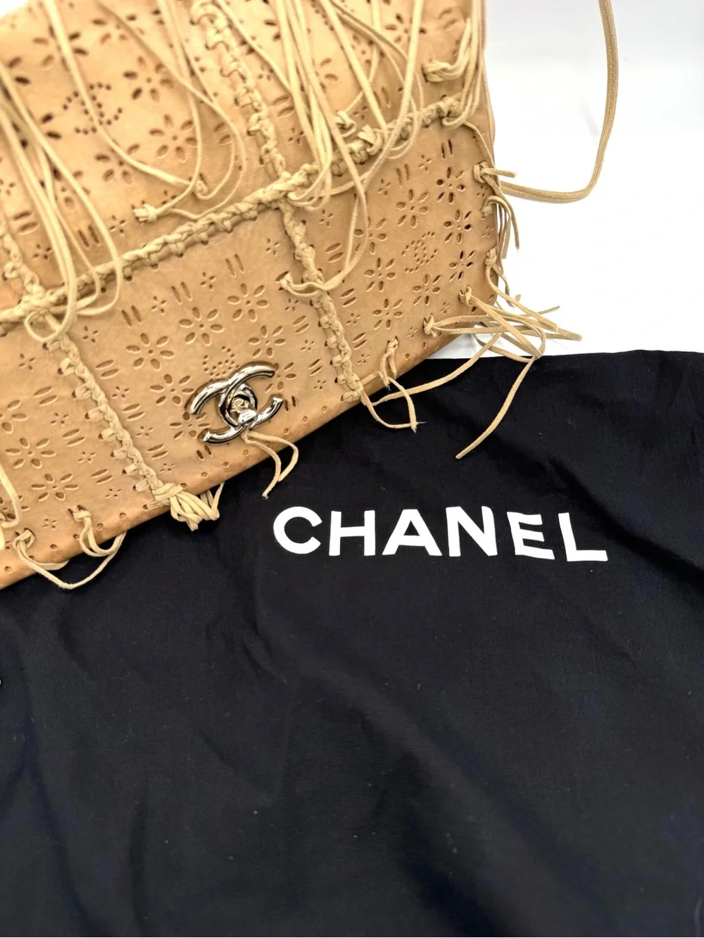 Chanel Tan Brown Suede Fringe Floral CC Flap Bag